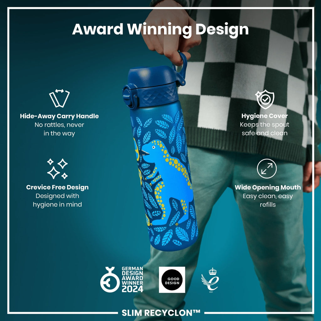 ION8 Recyclon Dinosaur 500ml water bottle, leak-proof slim design with colorful dinosaur pattern, eco-friendly reusable drink container.