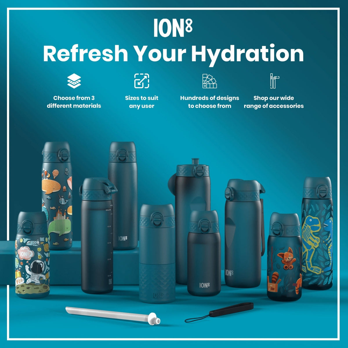 Ion8 Recyclon Dinosaur 500ml water bottle with leak-proof, slim design, made from recycled materials for eco-friendly hydration.