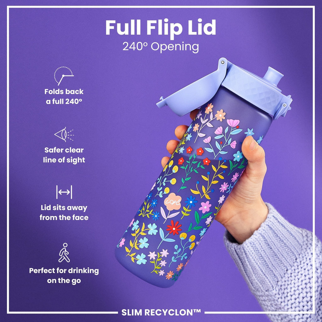 ION8 Recyclon Bottle Ditsy Floral 500ml slim water bottle with leak-proof design and colorful floral pattern for everyday use.