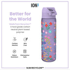 ION8 Recyclon Bottle Ditsy Floral 500ml, leak-proof slim water bottle with colorful floral design, eco-friendly hydration accessory