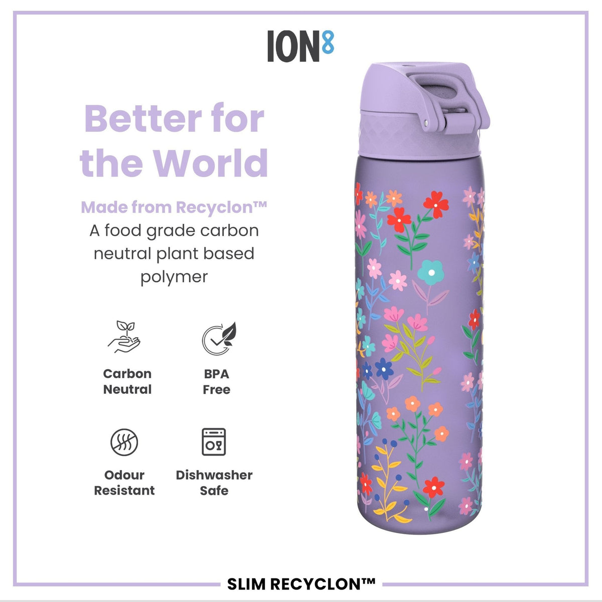 ION8 Recyclon Bottle Ditsy Floral 500ml, leak-proof slim water bottle with colorful floral design, eco-friendly hydration accessory
