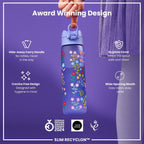 ION8 Recyclon Ditsy Floral 500ml water bottle with leak-proof slim design, featuring colorful floral pattern.