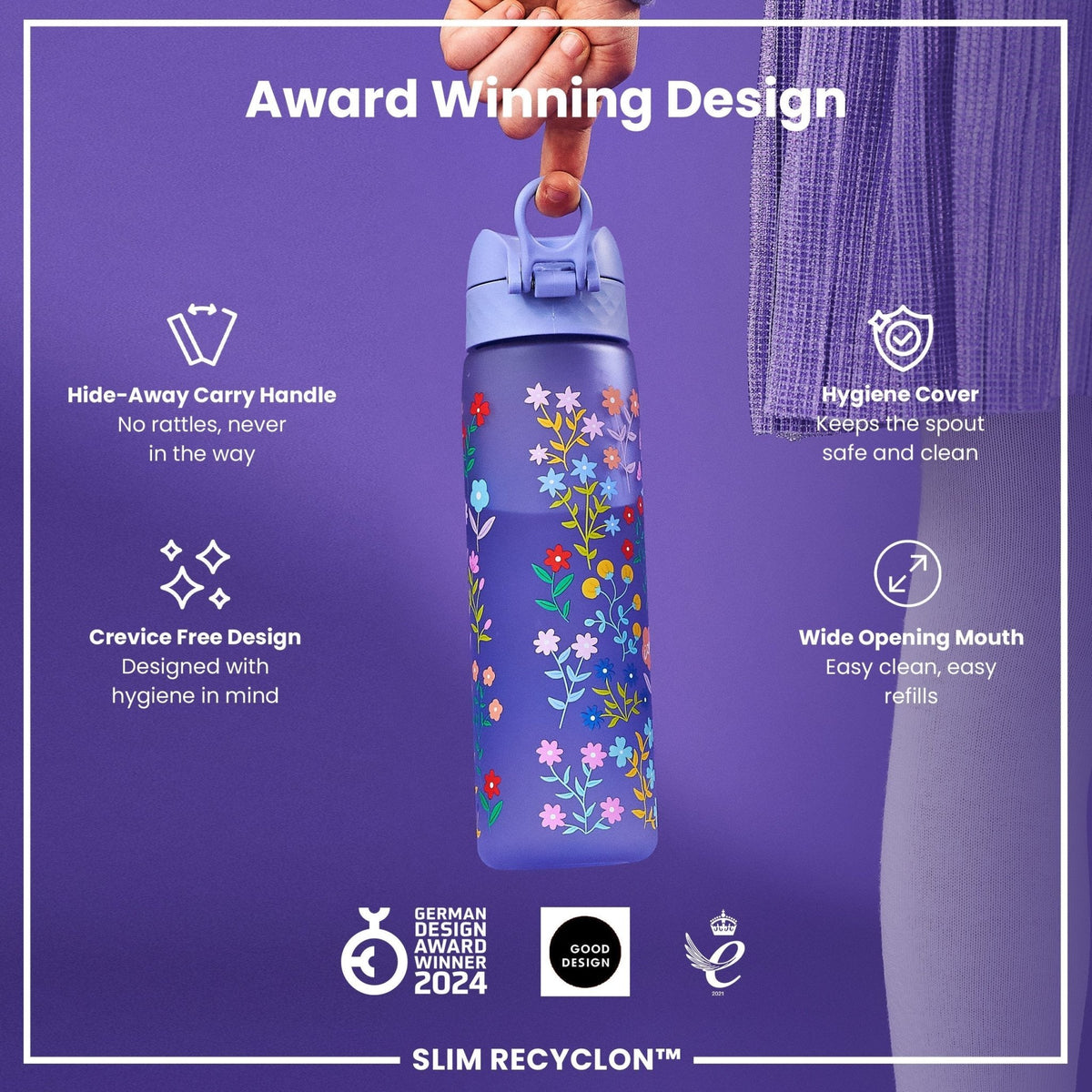 ION8 Recyclon Ditsy Floral 500ml water bottle with leak-proof slim design, featuring colorful floral pattern.