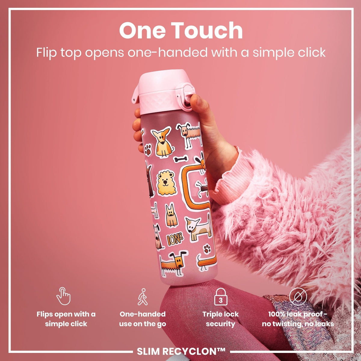 Ion8 Recyclon Bottle Dogs 500ml reusable water bottle, leak-proof slim design with colorful dogs print for pets and outdoor use