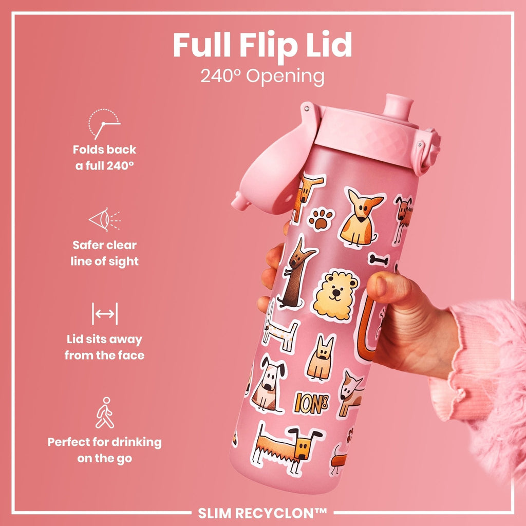 Ion8 Recyclon Bottle Dogs 500ml, leak-proof slim water bottle with dog design, made from recyclable materials.