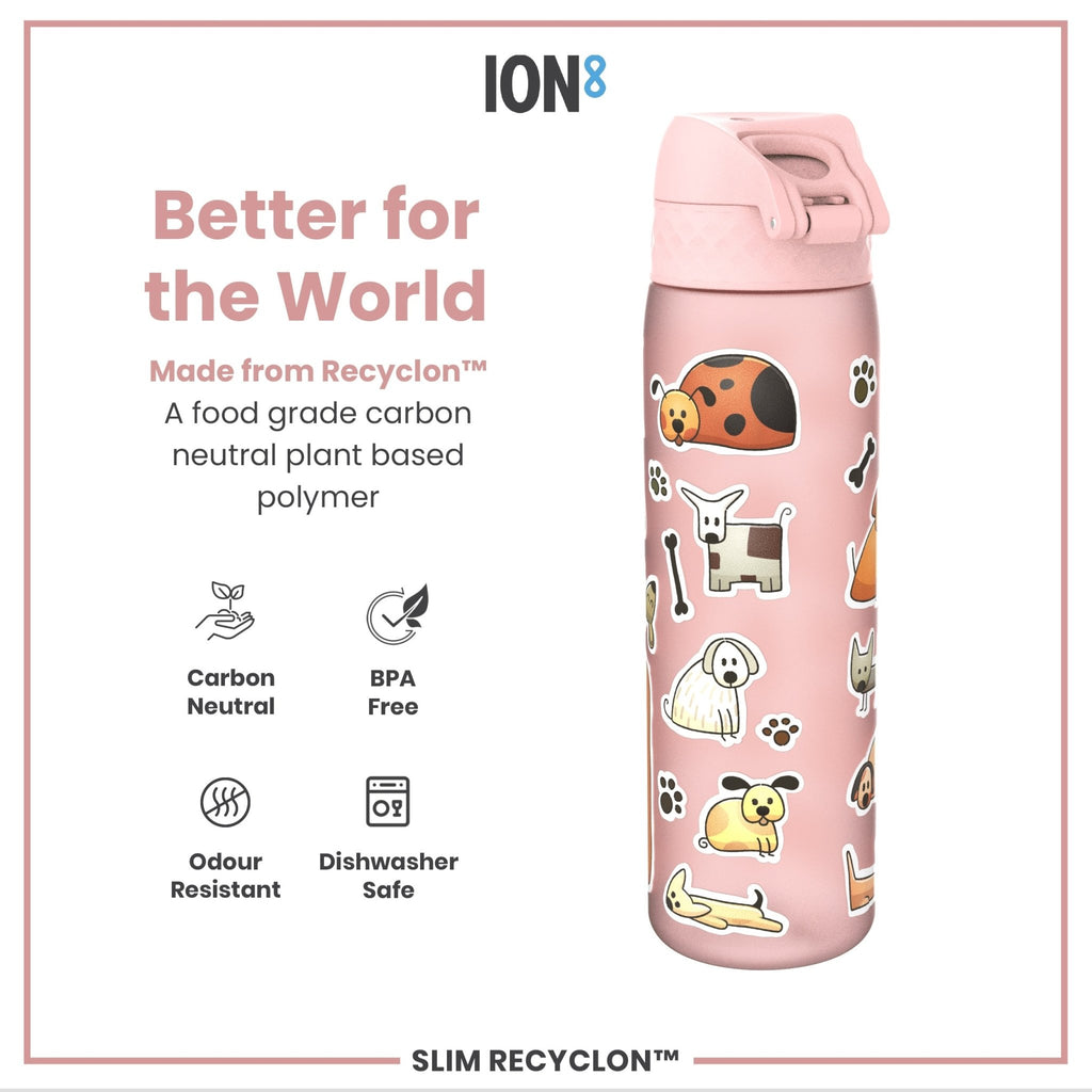 Ion8 Recyclon Bottle Dogs 500ml slim water bottle with leak-proof design, featuring playful dog illustrations.