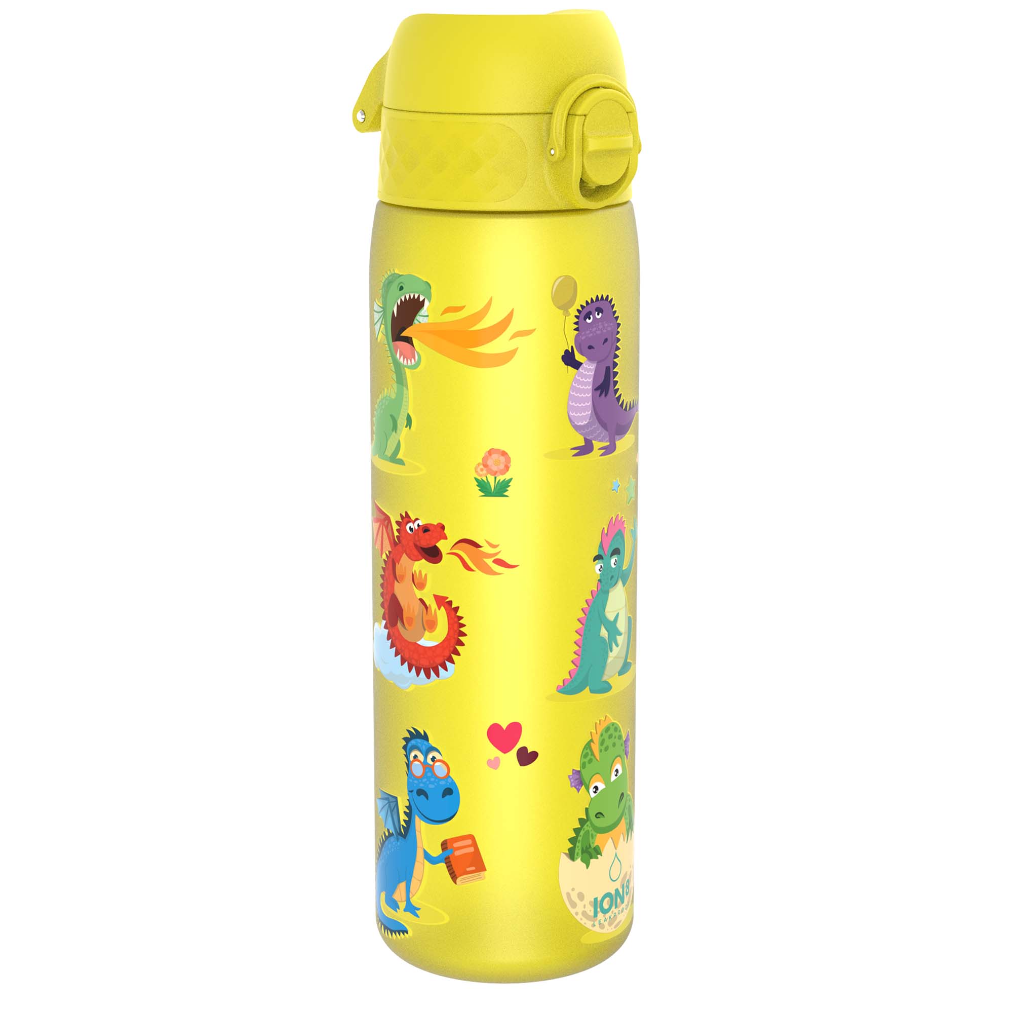 Recyclon Leak Proof Slim Water Bottle by ION8 with dragon design, 500ml (18oz), showing the sleek, reusable water bottle with dragon artwork.