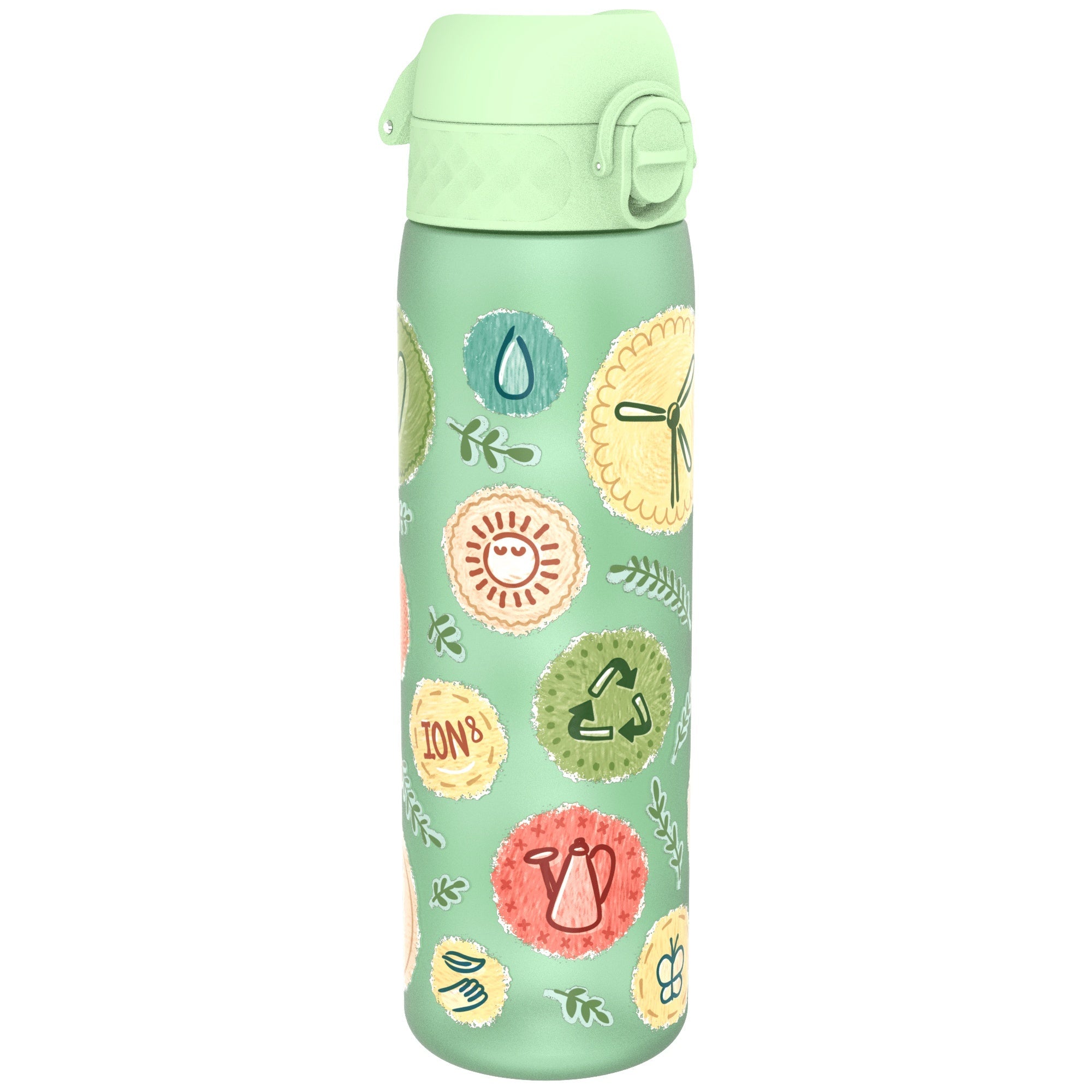 Ion8 Recyclon leak-proof slim water bottle, 500ml eco-friendly reusable water bottle with secure lid and sleek design.
