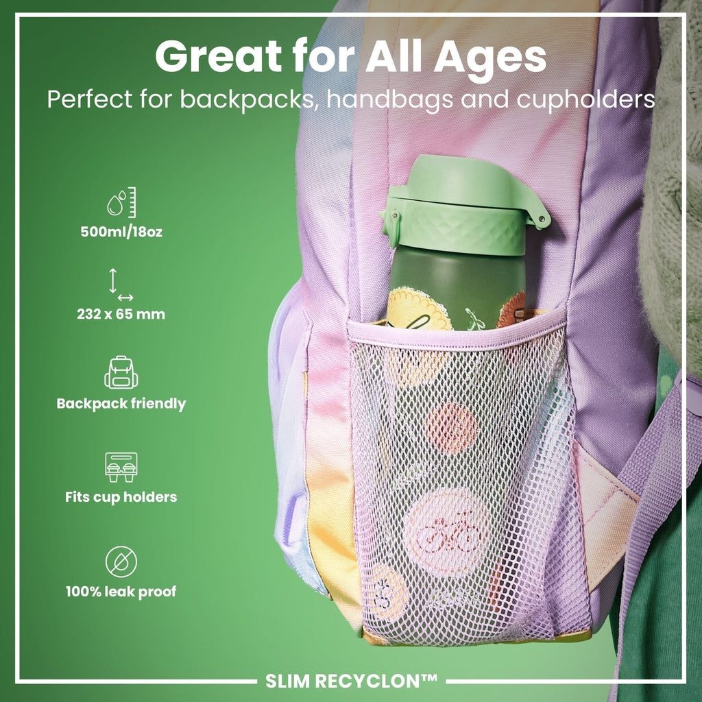 Ion8 Recyclon Eco 500ml leak-proof slim water bottle, made from recycled materials, with a sleek design and secure lid.