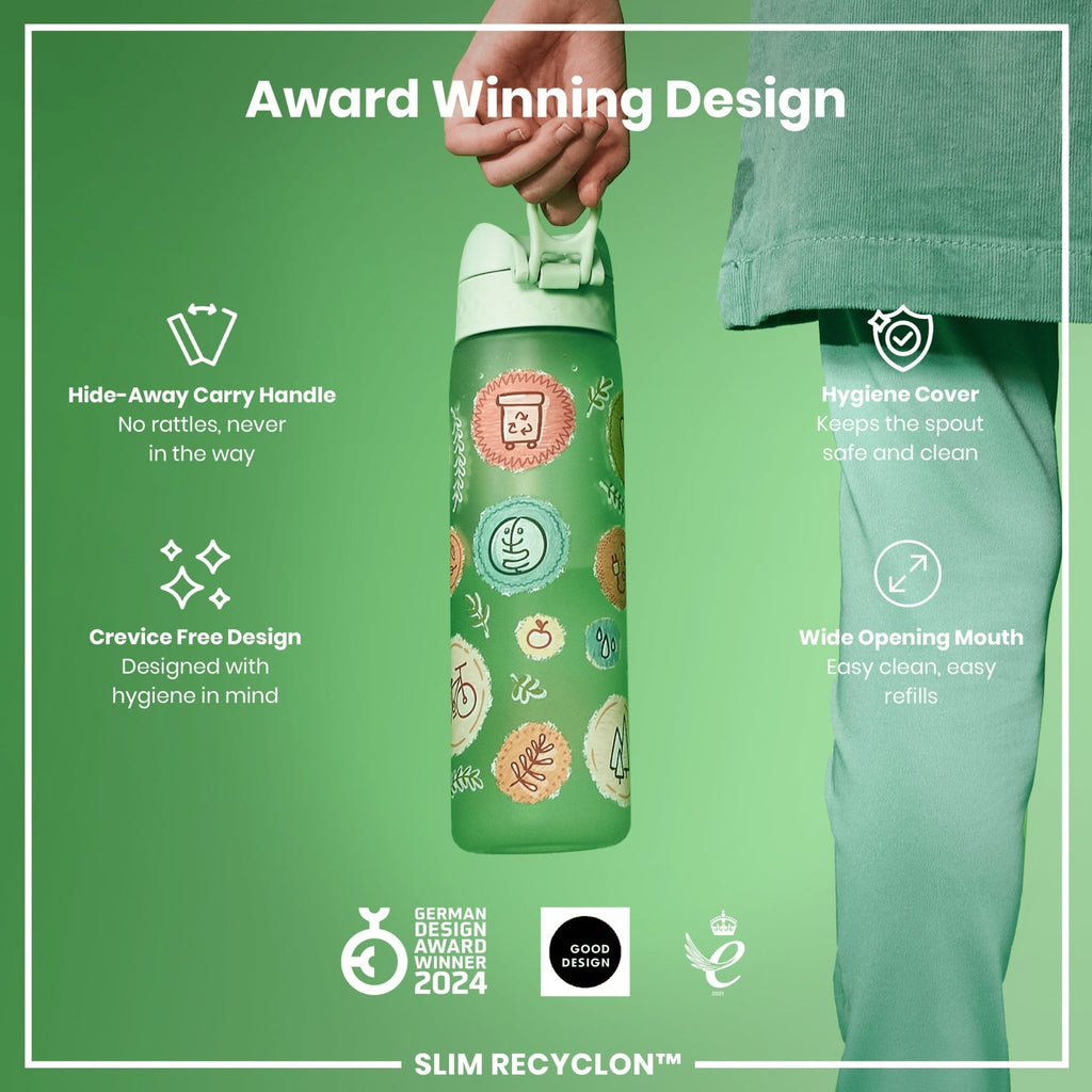 Ion8 Recyclon Bottle Eco 500ml, slim leak-proof reusable water bottle with eco-friendly design and durable construction.