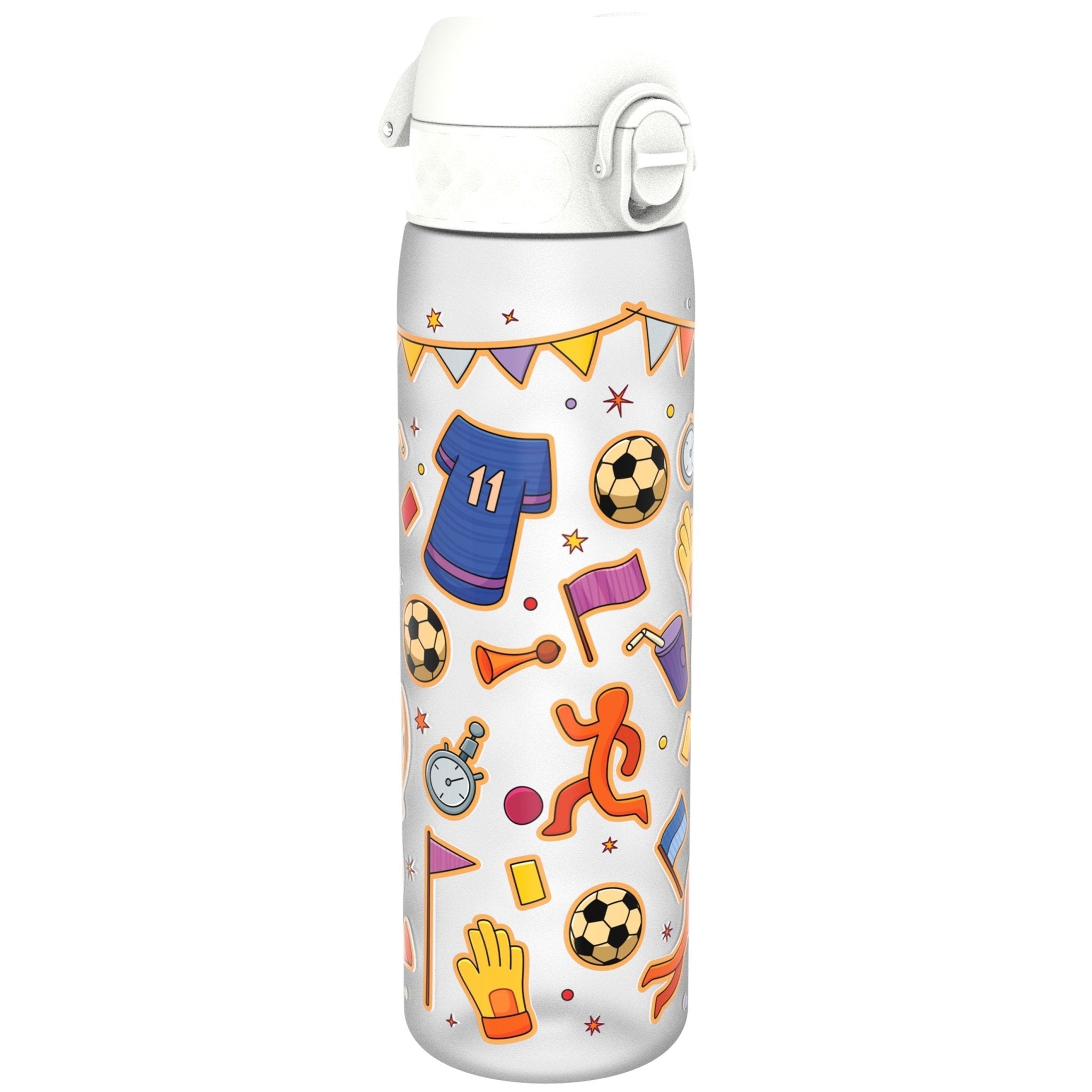 Ion8 Leak Proof Slim Water Bottle with football design, 500ml (18oz), made by Recyclon, shown in the image.