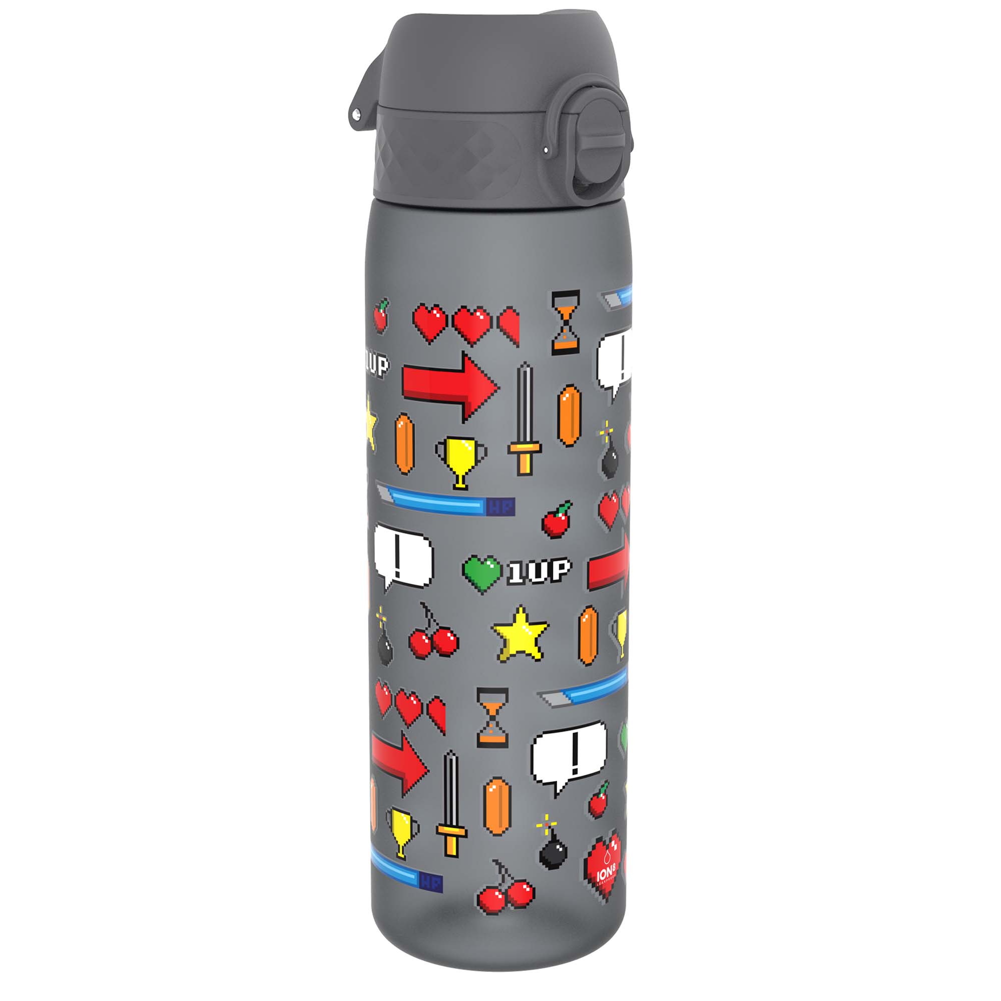 Recyclon Leak Proof Slim Water Bottle by ION8 in black with a 500ml (18oz) capacity, featuring a secure lid and sleek design.