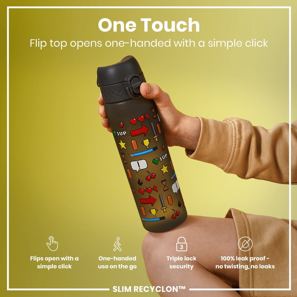 Ion8 Recyclon Bottle Gamer 500ml water bottle with leak-proof, slim design, featuring vibrant graphics for active hydration.