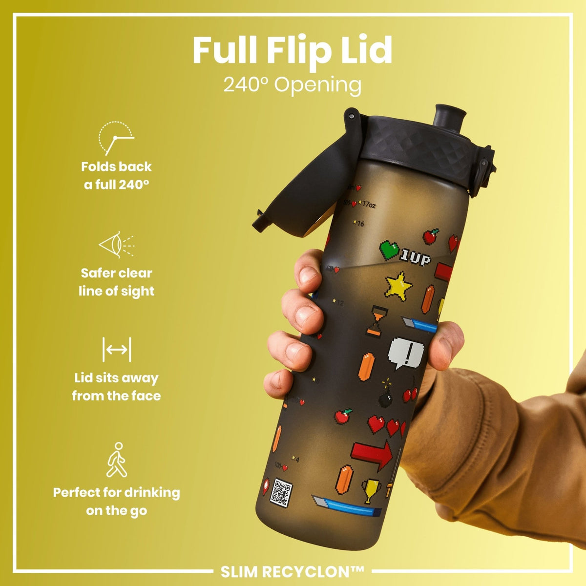ION8 Recyclon Bottle Gamer 500ml water bottle with leak-proof, slim design and vibrant graphics, ideal for active hydration.