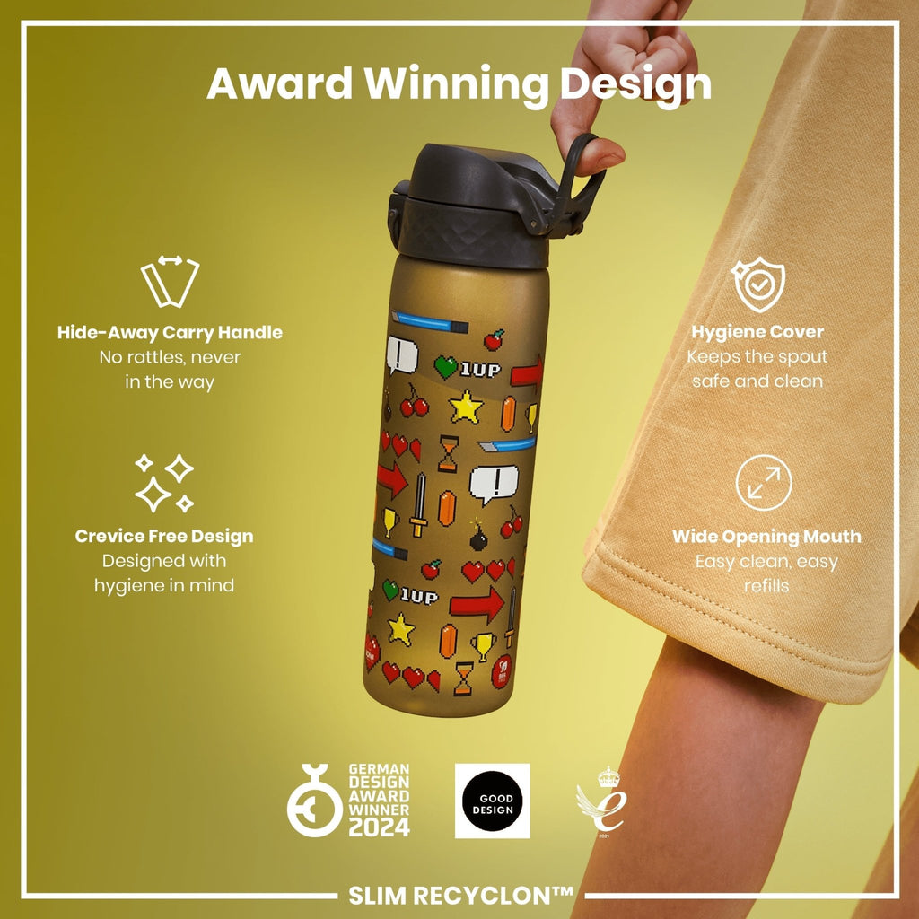 ION8 Recyclon Bottle Gamer 500ml water bottle featuring leak-proof design and slim profile for on-the-go hydration.