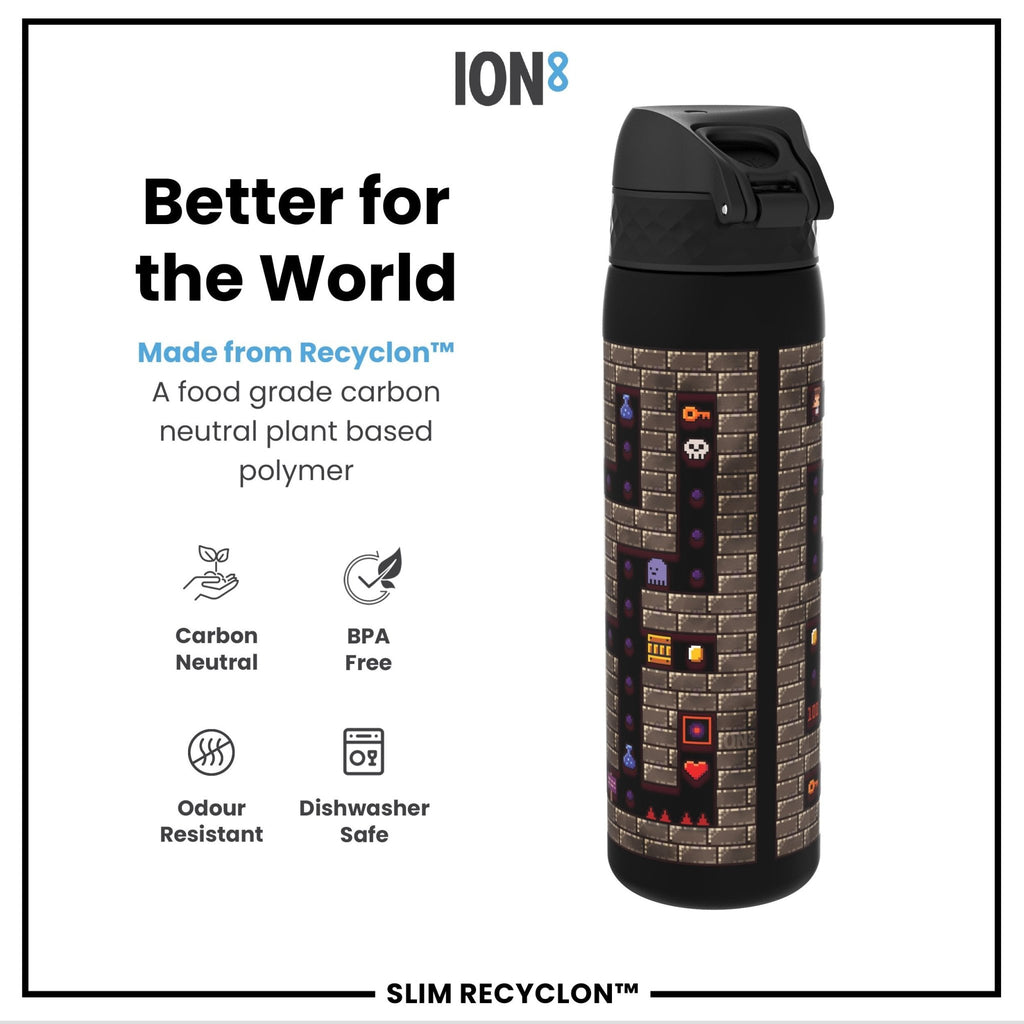 Ion8 Recyclon Bottle Gamer 500ml water bottle, leak-proof slim design with vibrant graphics, ideal for active hydration.