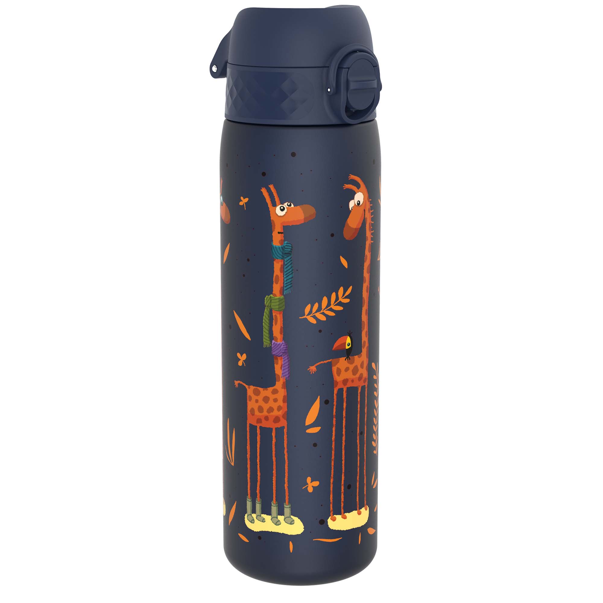 Ion8 Leak Proof Slim Water Bottle with Giraffe design, 500ml recyclable Recyclon water bottle shown in the image.
