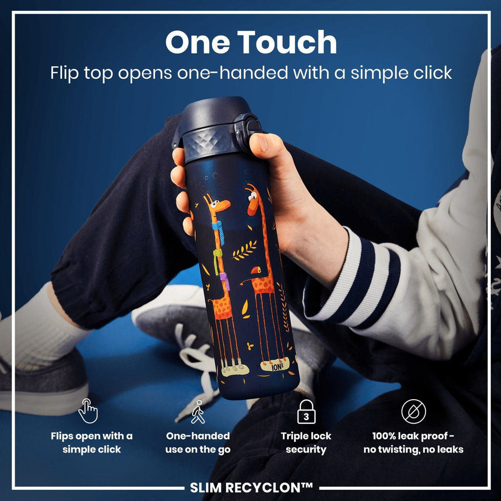 ION8 Recyclon Bottle Giraffe 500ml, leak-proof slim water bottle with giraffe design, made from recycled materials.