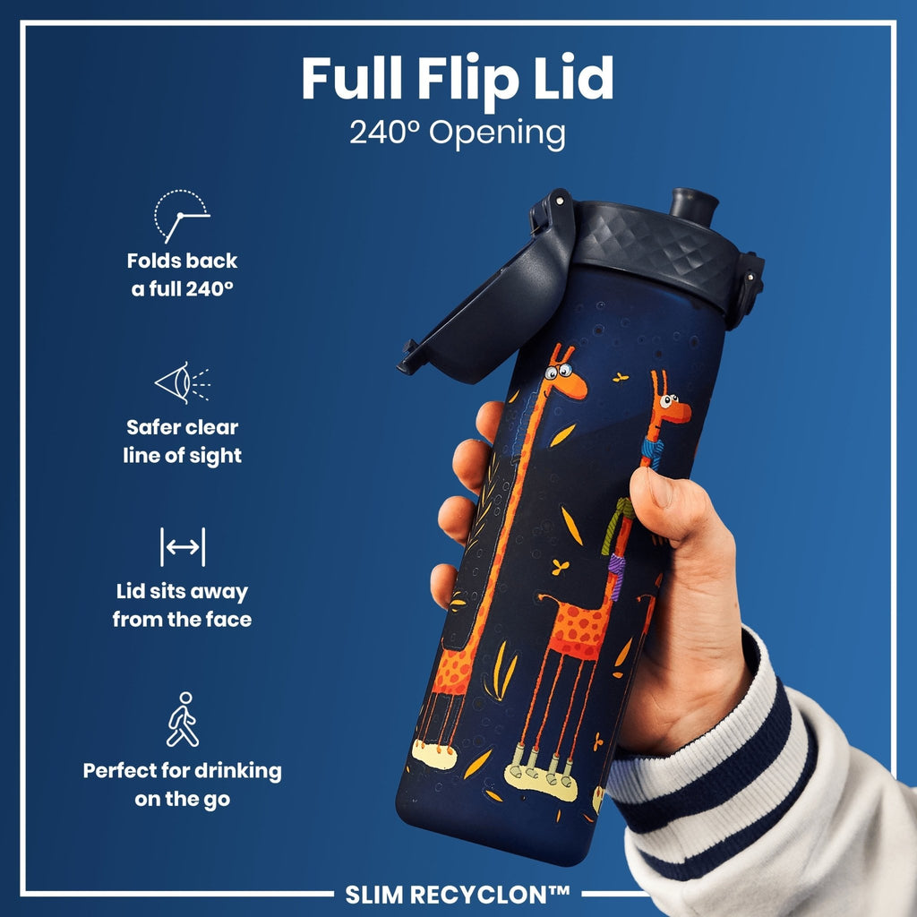 Ion8 Recyclon water bottle with giraffe design, 500ml capacity, leak-proof, slim reusable water bottle for everyday hydration.