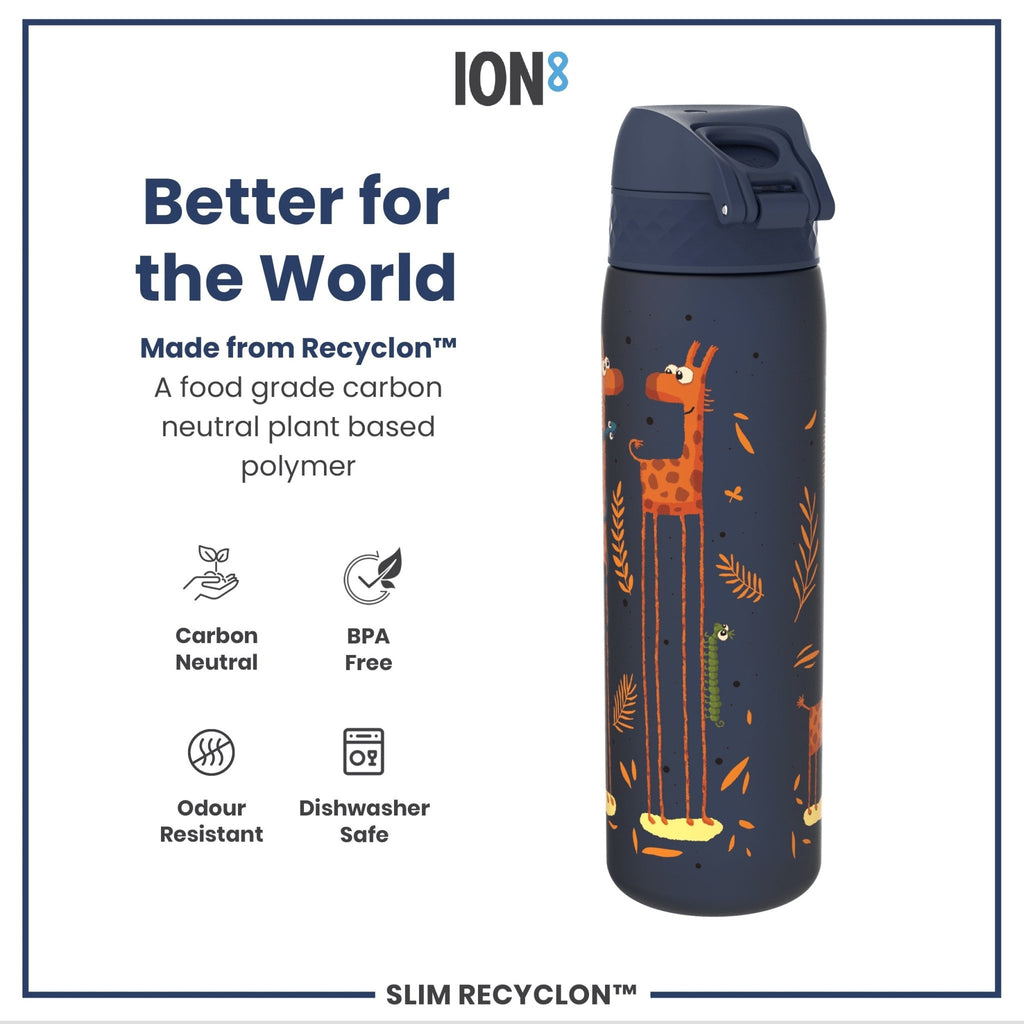 Ion8 Recyclon Giraffe 500ml water bottle with leak-proof, slim design featuring a playful giraffe pattern.