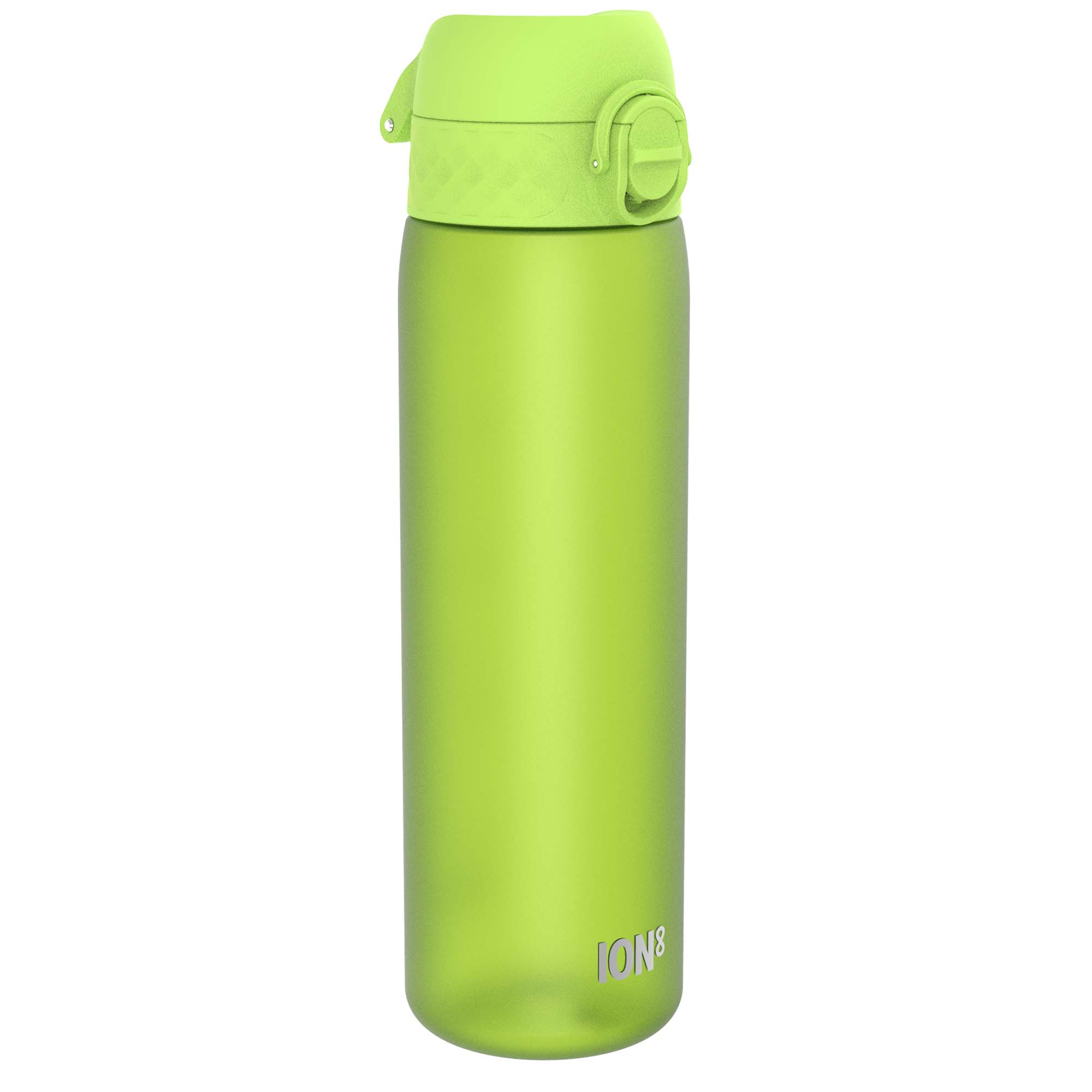 Ion8 Recyclon leak-proof slim water bottle in green, 500ml (18oz), featuring a sleek design with a secure lid and compact shape.