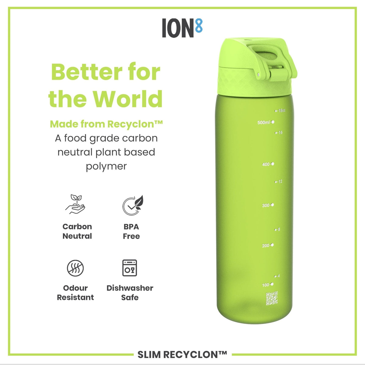ION8 Recyclon Green 500ml water bottle, slim leak-proof design, eco-friendly reusable bottle for hydration.