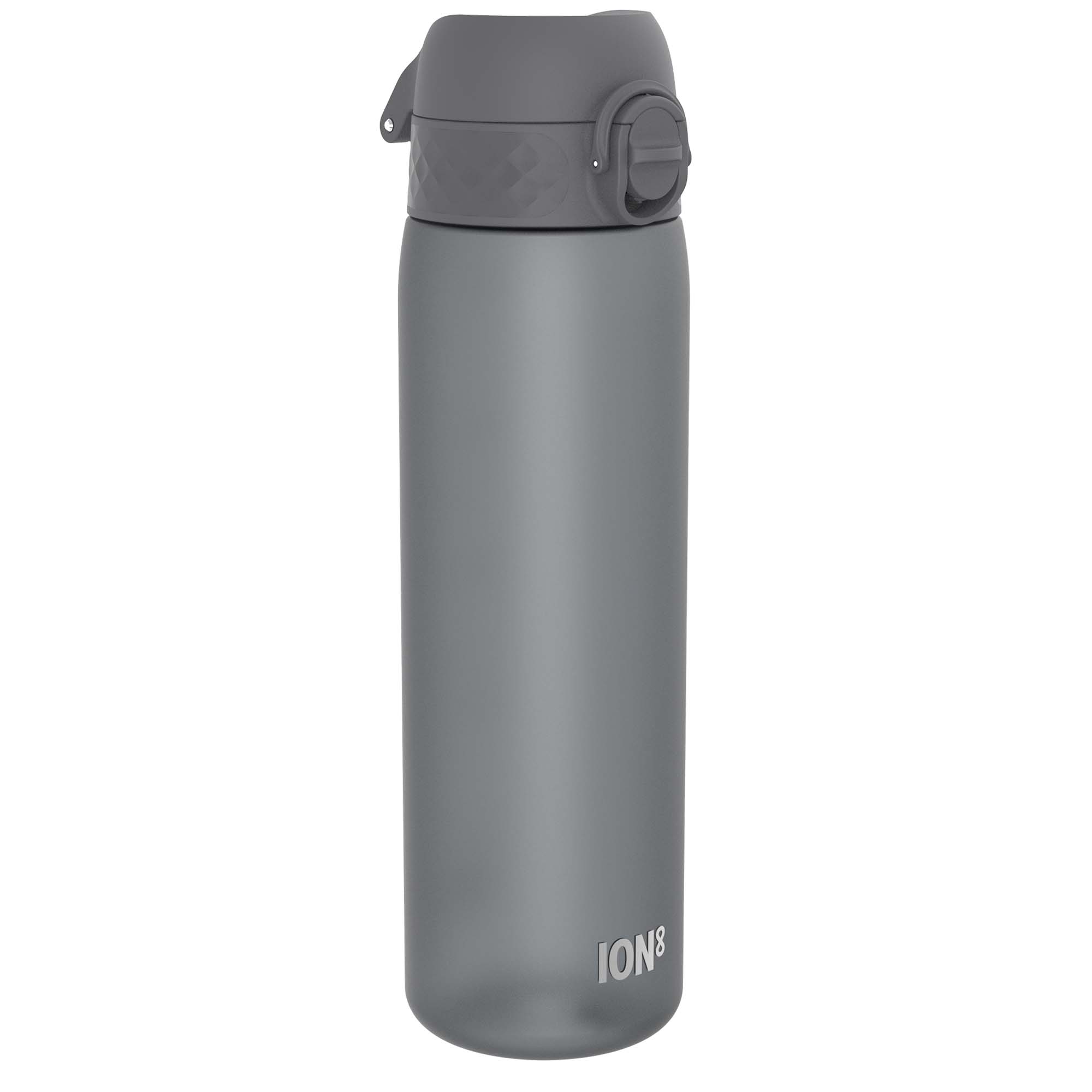 Ion8 Leak Proof Slim Water Bottle in grey, 500ml (18oz), made of recyclable material, with a sleek, compact design.