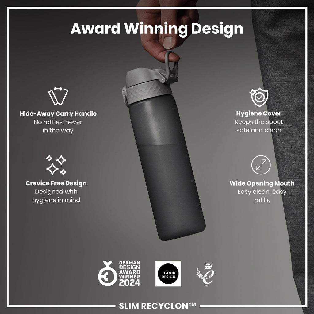Ion8 Recyclon Grey 500ml leak-proof water bottle featuring a slim design and durable Recyclon material.