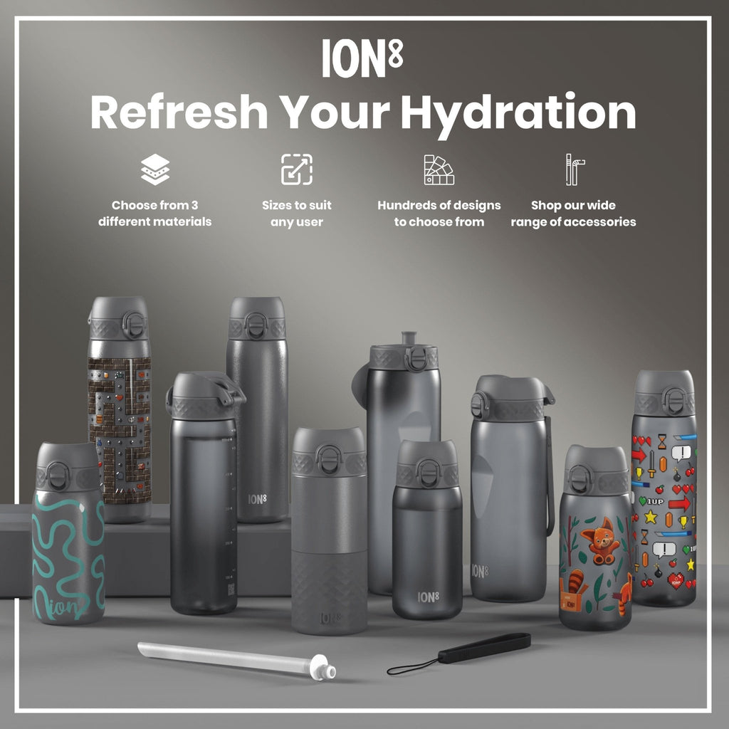 Ion8 Recyclon Grey 500ml leak-proof slim water bottle, made from recycled materials, with a durable design and secure lid.