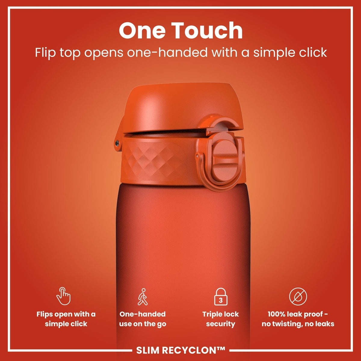 ION8 Recyclon Water Bottle in Hearty Orange, 500ml, slim leak-proof design with a secure cap, made from recycled materials.