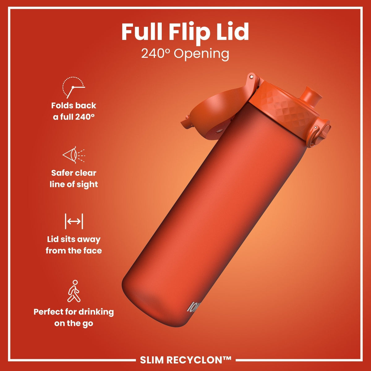 ION8 Recyclon water bottle in Hearty Orange, 500ml, with leak-proof, slim design for easy drinking and portability.