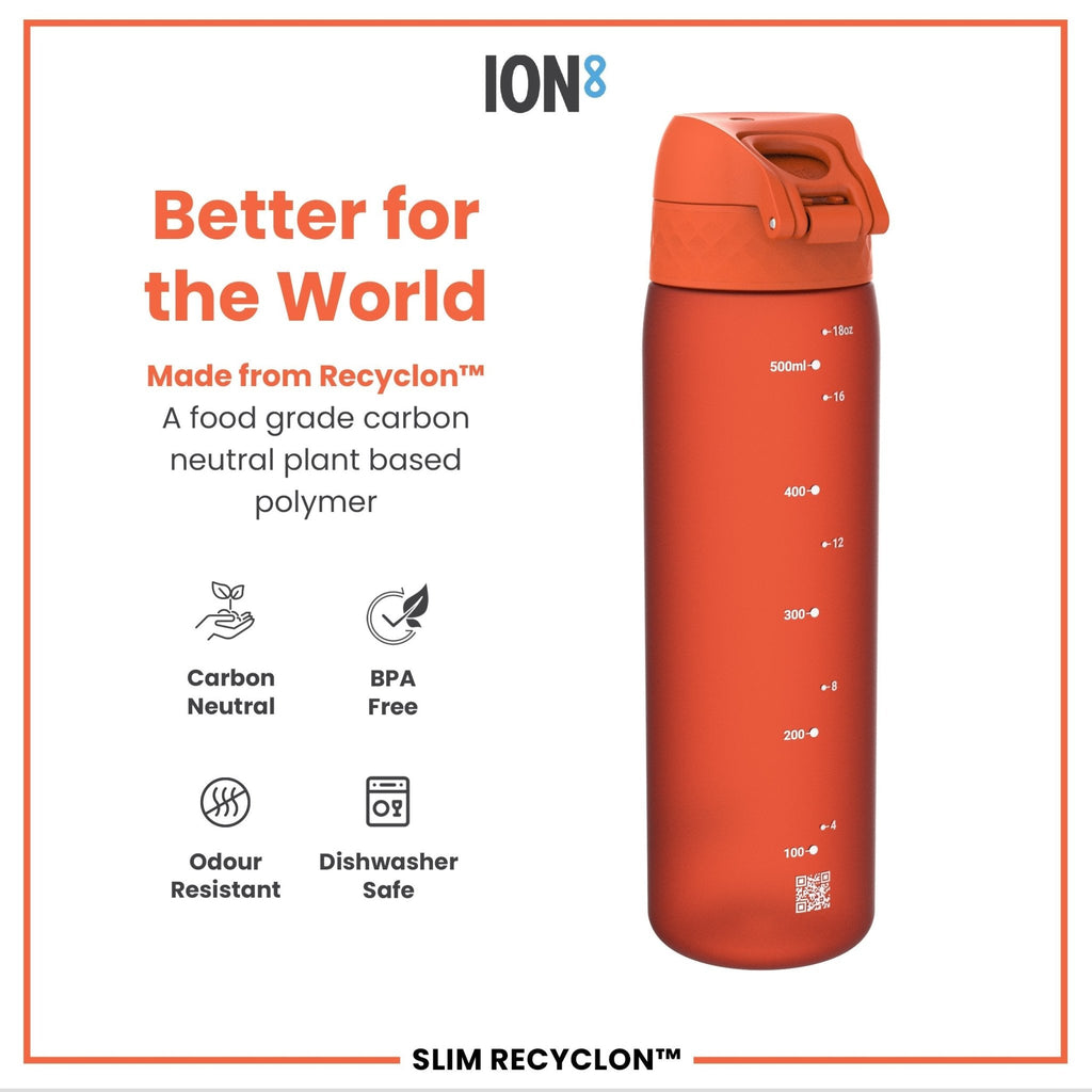ION8 Recyclon Water Bottle in Hearty Orange, 500ml, slim and leak-proof design for convenient hydration.