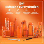 ION8 Recyclon Hearty Orange 500ml water bottle, slim, leak-proof design made from recycled materials, ideal for hydration on the go.