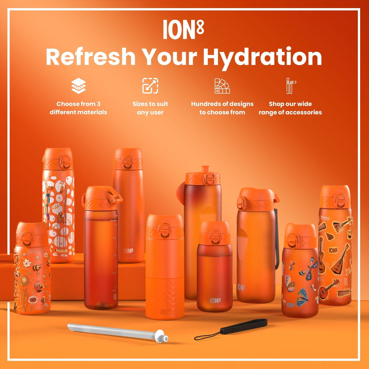 ION8 Recyclon Hearty Orange 500ml water bottle, slim, leak-proof design made from recycled materials, ideal for hydration on the go.