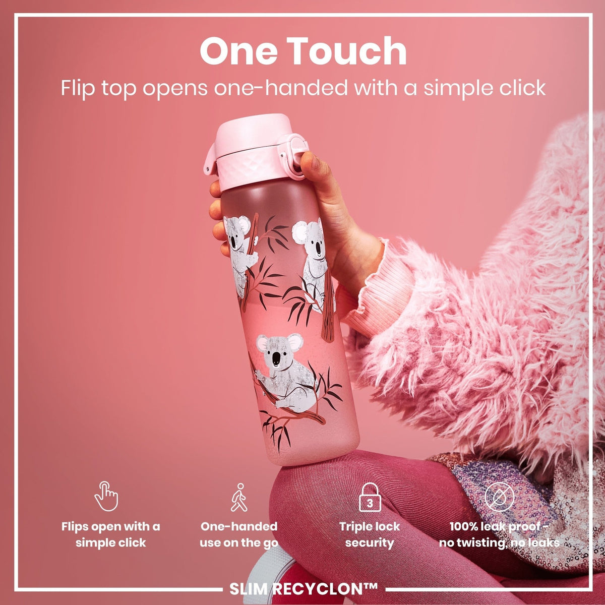 ION8 Recyclon Koala 500ml leak-proof slim water bottle, eco-friendly design with colorful koala illustration for kids and adults
