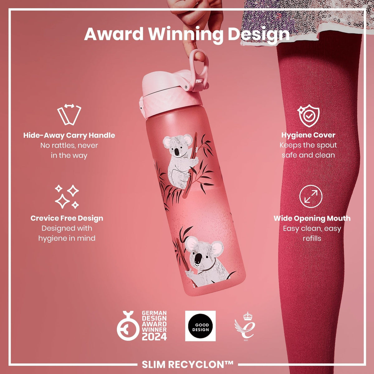 Ion8 Recyclon Koala 500ml leak-proof slim water bottle with a playful koala design for eco-friendly hydration.