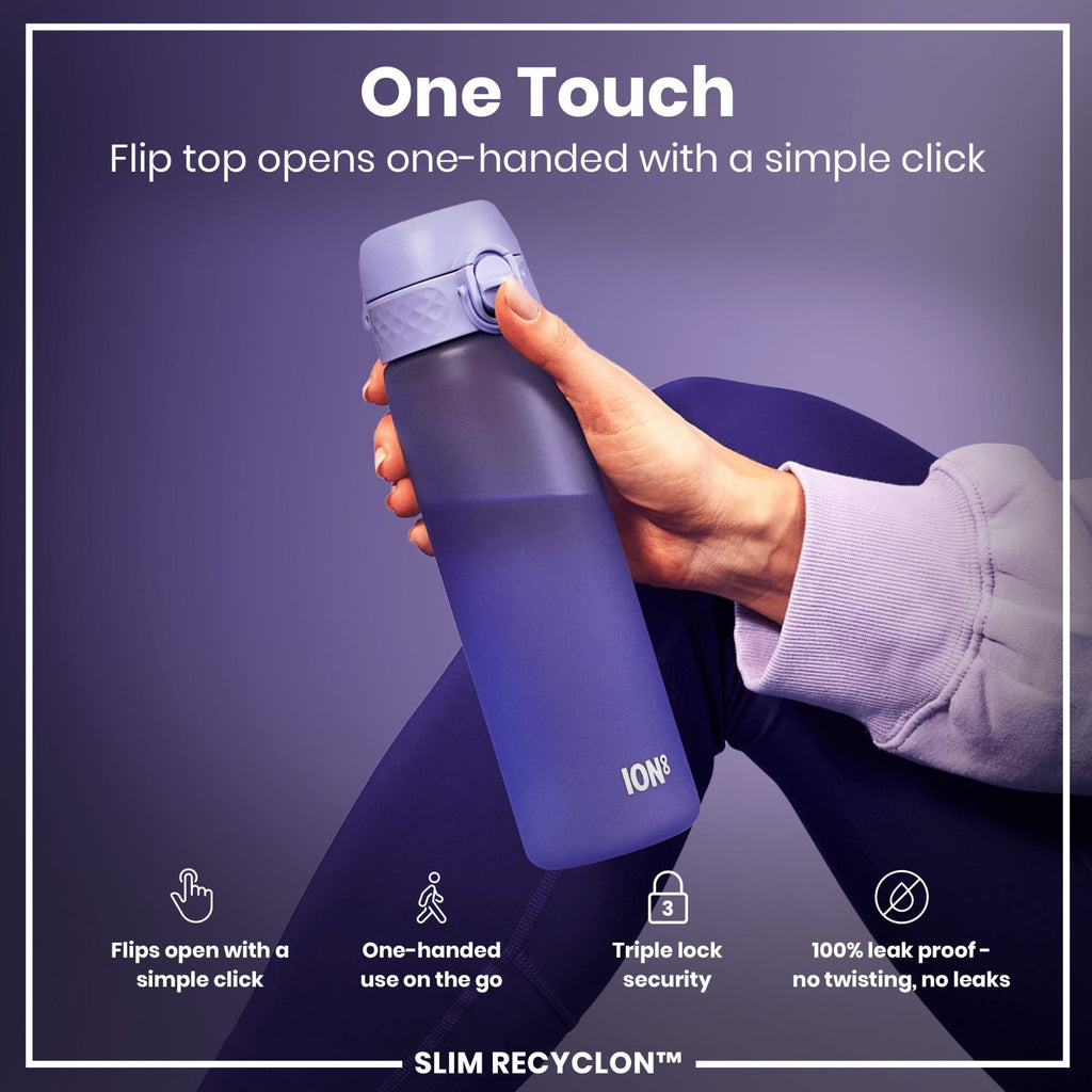 ION8 Recyclon water bottle in light purple, 500ml, slim leak-proof design, made from recyclable materials