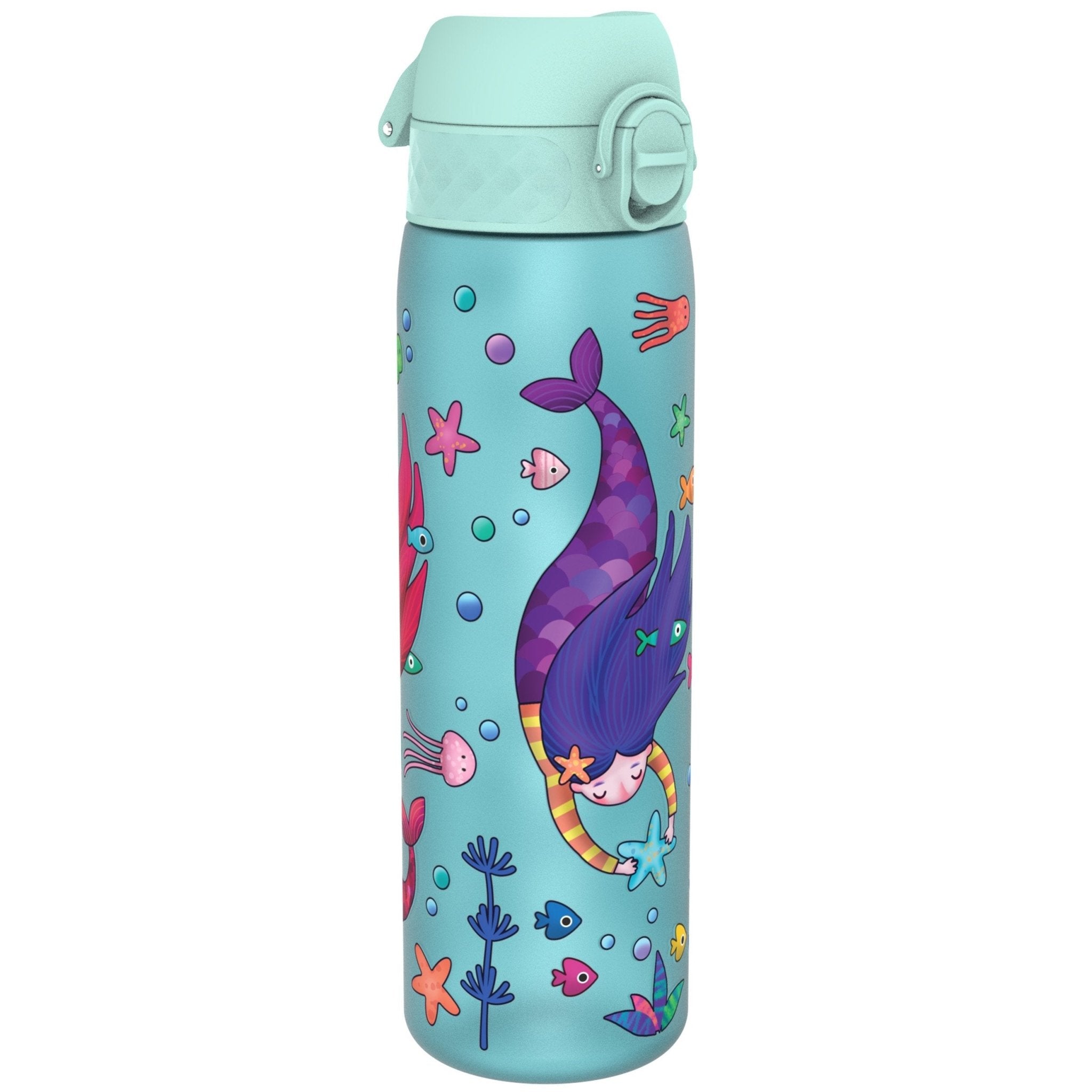 Ion8 Recyclon leak-proof slim water bottle with mermaid design, 500ml (18oz) reusable water bottle for everyday hydration.