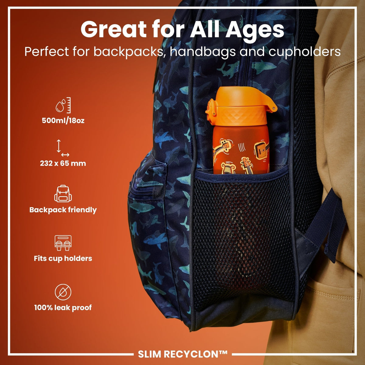 ION8 Recyclon Music 500ml leak-proof slim water bottle with a colorful design, made from recyclable materials.