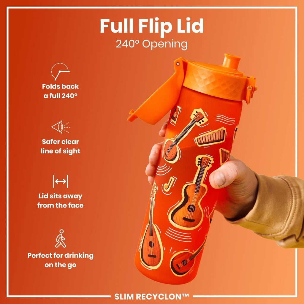 ION8 Recyclon Bottle Music 500ml slim water bottle, leak-proof design with a music-themed pattern on a clear plastic bottle.