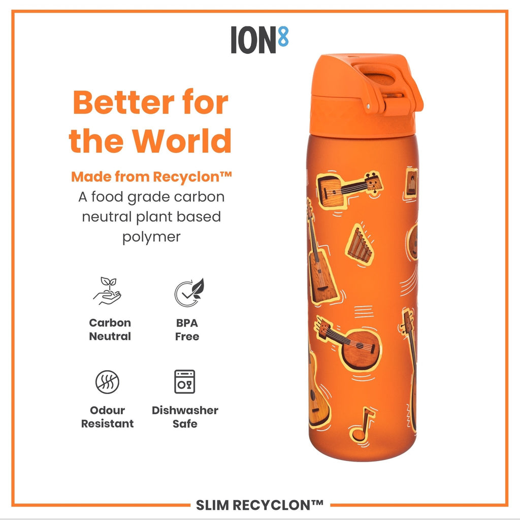 ION8 Recyclon Bottle Music 500ml slim water bottle, leak-proof design with a music-themed pattern for on-the-go hydration.