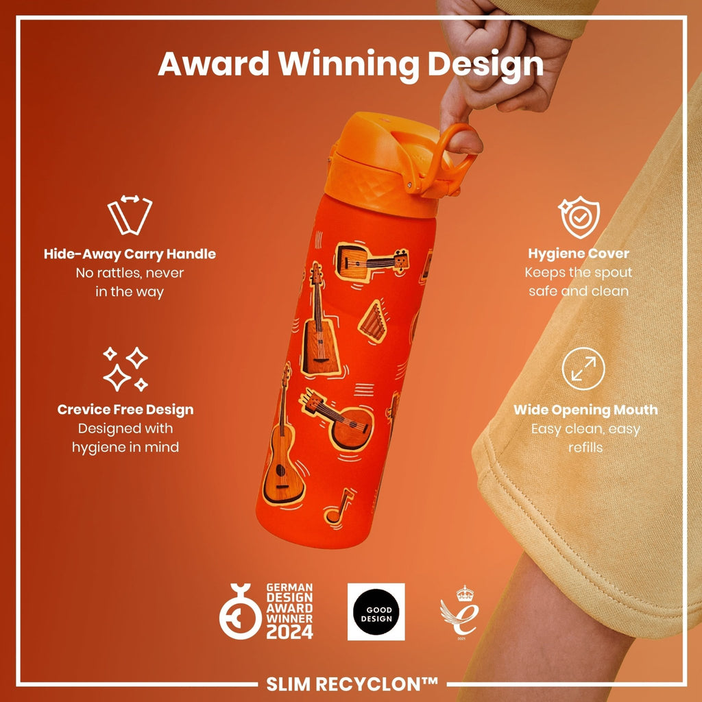 Ion8 Recyclon Water Bottle 500ml with leak-proof, slim design featuring music-themed graphics, ideal for eco-friendly hydration.