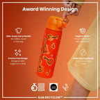 Ion8 Recyclon Water Bottle 500ml with leak-proof, slim design featuring music-themed graphics, ideal for eco-friendly hydration.