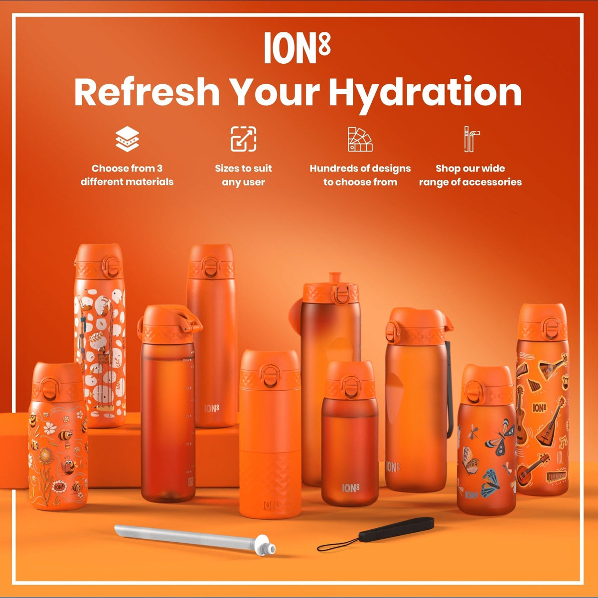 ION8 Recyclon Music 500ml leak-proof slim water bottle made from recyclable materials, featuring a stylish design and durable construction.