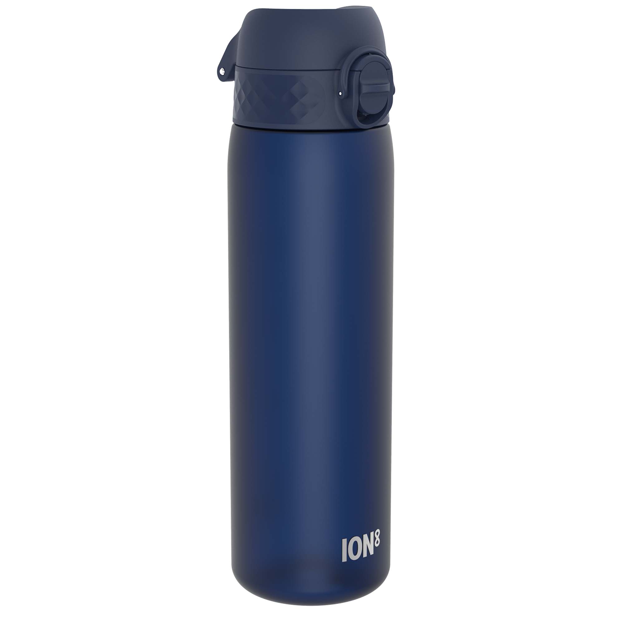 ION8 Recyclon leak-proof slim navy water bottle, 500ml (18oz), made of recyclable material, featuring a sleek design and secure lid.