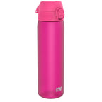Pink Recyclon water bottle by ION8, 500ml (18oz), leak-proof slim design with eco-friendly Recyclon material.