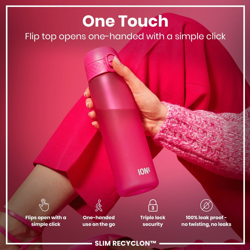 ION8 Recyclon Pink 500ml leak-proof water bottle, slim design, durable plastic, ideal for everyday hydration.