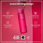 ION8 Recyclon Pink 500ml leak-proof water bottle, slim design, eco-friendly reusable drinking container with secure lid.