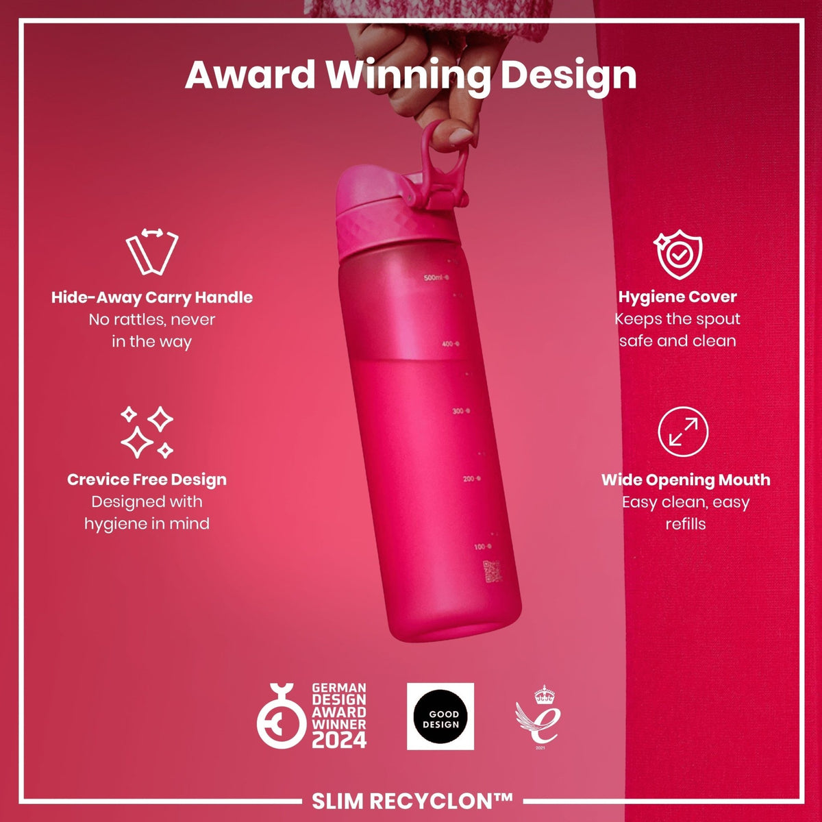 ION8 Recyclon Pink 500ml leak-proof water bottle, slim design, eco-friendly reusable drinking container with secure lid.