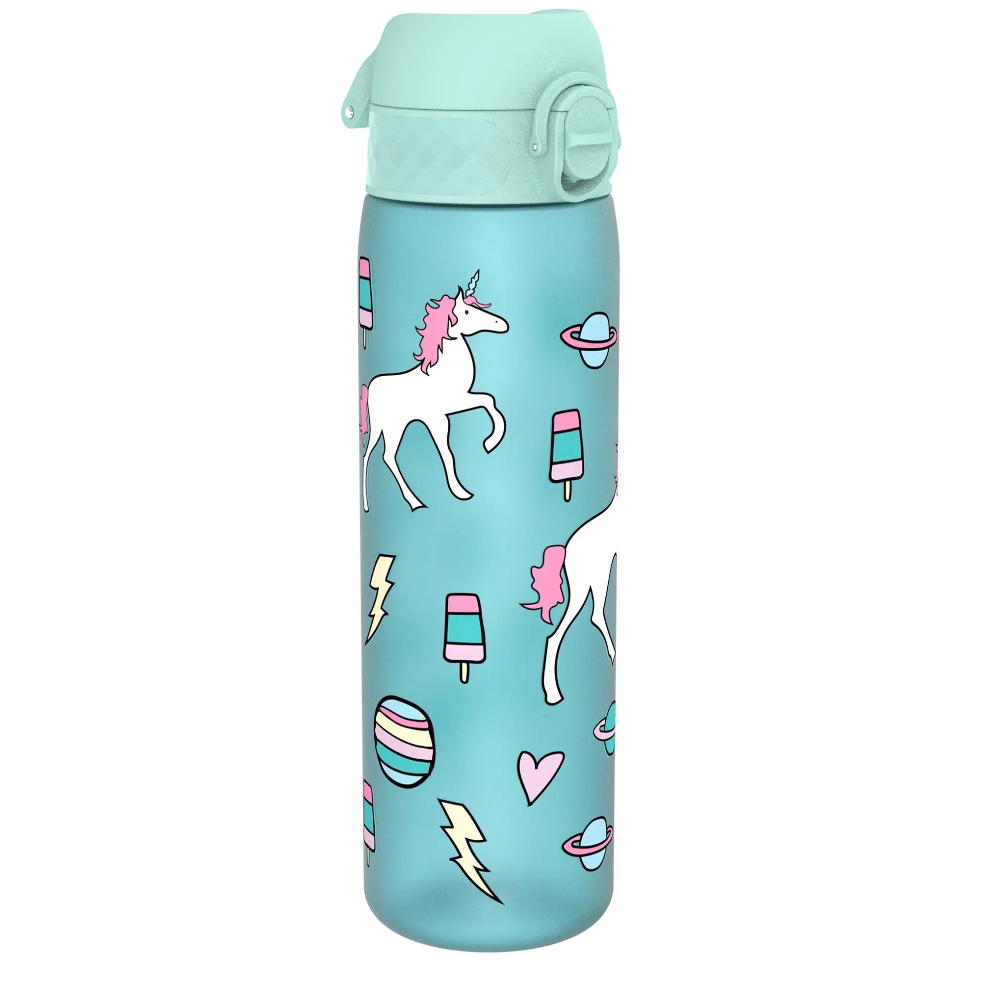 Ion8 Recyclon leak-proof slim water bottle with Planet Unicorns design, 500ml (18oz), ideal for hydration on the go.
